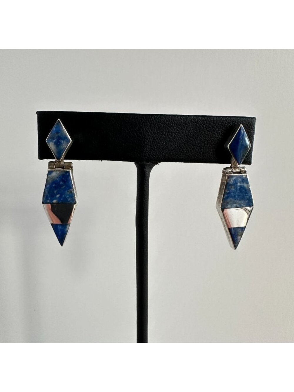 980 Silver Lapis Inlay Earrings Articulated Drop Geometric